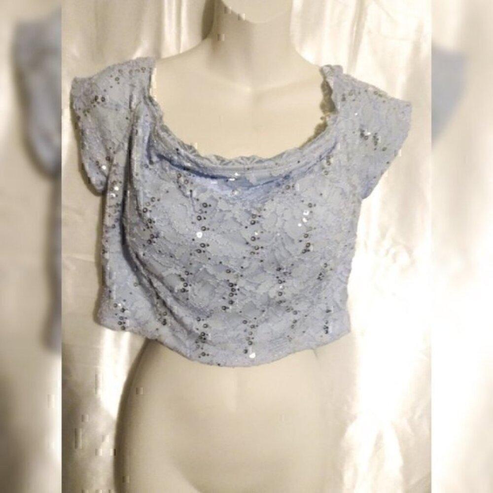 B.Darlin Baby Blue Cropped Sequin Short Sleeve  Lace Floral Zip Crop Top L